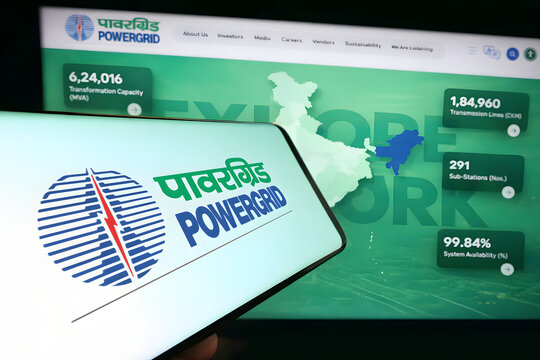 Powergrid Corporation of India website displayed on smartphone screen with India map dashboard showing 6.34% data in background, Indian energy sector concept