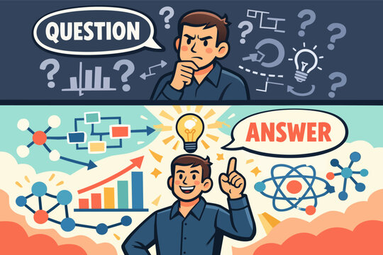 Person thinking and finding answer with idea light bulb, problem solving process, asking question, and getting solution