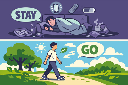 Person contrasting lifestyle choices, staying inactive indoors or moving outdoors, illustrating mental health and motivation