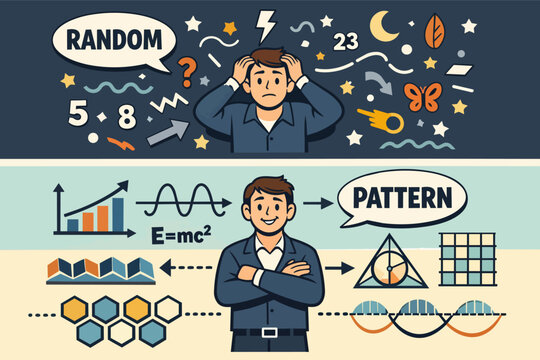 Man understanding random chaos creating order and finding pattern, problem solving with data analysis and insight