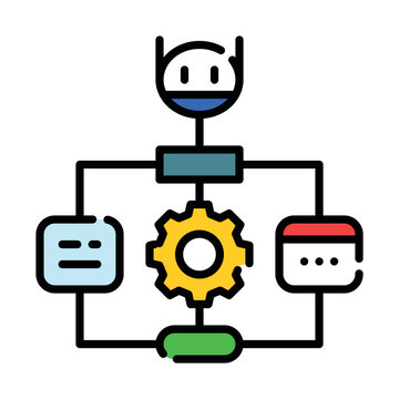 AI agentic workflow and iterative process icon. Artificial intelligence autonomous task execution, self-correction and reasoning steps metaphor. Vector line spot illustration.