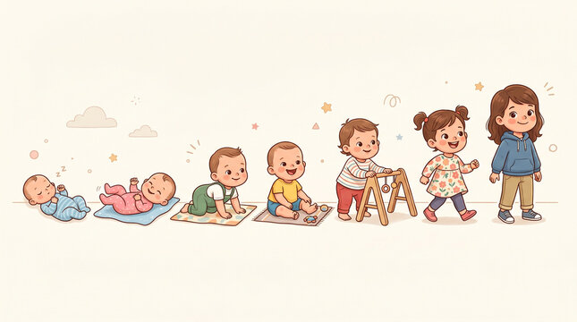 Developmental stages of human growth from baby to child with childhood development evolution education parenting milestones crawling learning progression timeline children maturation