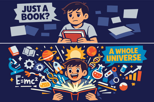 Child's mind expanding with scientific and cosmic elements from a book, transitioning from disinterest to excitement for learning