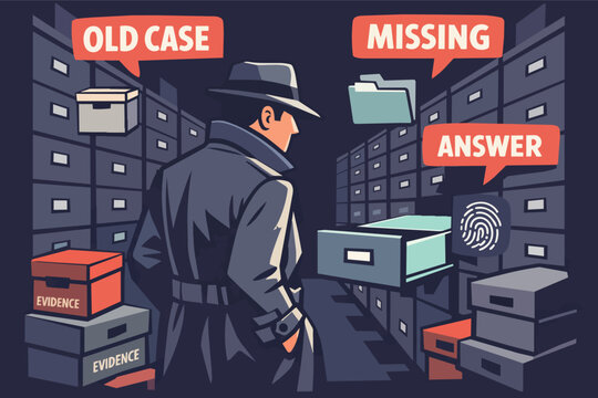 Detective searching for missing answers and evidence in an old cold case archive full of files and clues