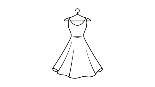 Minimalist black line vector icon of a flowing A-line dress on a hanger, isolated on white. This hand-drawn illustration features an editable stroke for customizable line weight and style.