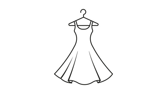 Minimalist black line vector icon of a flowing A-line dress on a hanger, editable stroke illustration for fashion, retail, and clothing design, clean outline isolated on white background.
