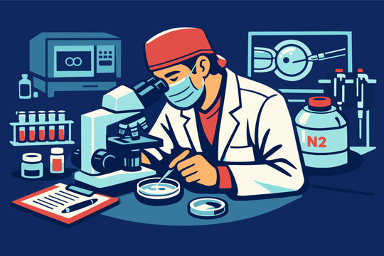 Scientist in lab performing ivf procedure, observing embryos and cells under microscope, biotechnology research