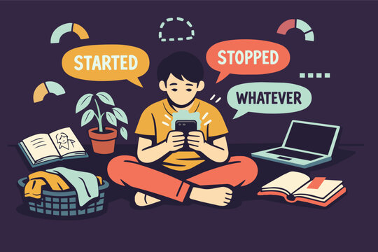 Young person procrastinating, getting easily distracted by smartphone, ignoring tasks and responsibilities while feeling overwhelmed