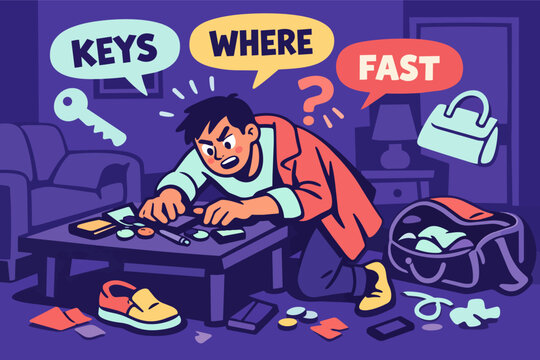 Frantic man searching for lost keys in a messy room while running late and feeling stressed with panic thoughts