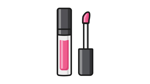 Lip Gloss Vector Icon Illustration with Editable Stroke. Modern flat design of a slim pink lip gloss tube and applicator wand on a white background. Scalable graphic for beauty and makeup branding.