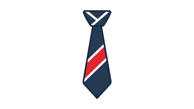 Modern flat necktie vector icon illustration with editable stroke. Professional long hanging necktie with red and white diagonal stripes on dark blue, isolated on white for business design.