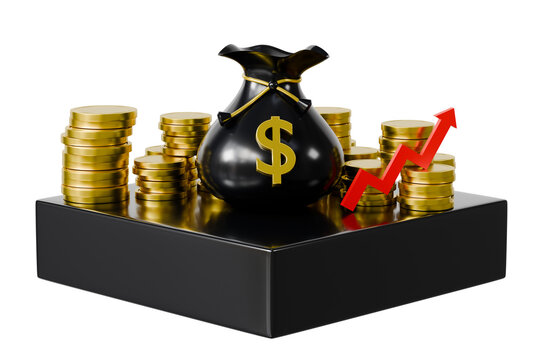3d money bag coin stack icon. investment growth concept. minimal dollar podium gold arrow wealth for finance business web app. isolated on white transparent background. 3d render.