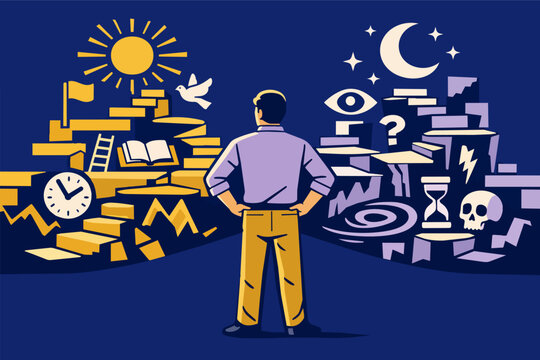 Person facing a complex decision, standing between a bright path of success and a dark path of unknowns, symbolizing life choices