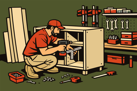 Carpenter assembling furniture in workshop, using power drill for diy project, building wooden cabinet with tools