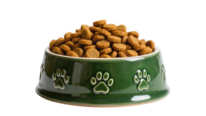 Isolated green ceramic pet bowl filled with dry kibble food, decorated with paw prints © Cian