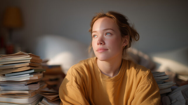 Woman sitting among unopened self-help books fanned on bed, staring at ceiling, identity lost in advice, adult crisis of self, overconsumption of improvement content, identity confusion, bedroom ove