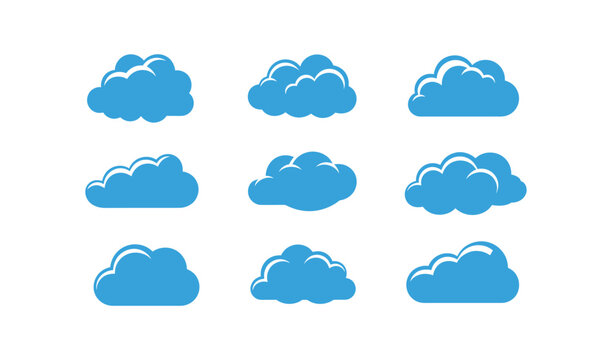 Whimsical blue clouds set, nine puffy formations in varying sizes, scattered playfully, isolated on white background, digital illustration, cheerful and lighthearted mood.