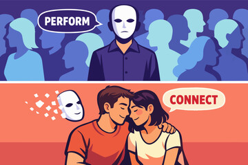 Obraz premium Person wearing a mask in a crowd, feeling the pressure to perform, later removing the mask for genuine connection