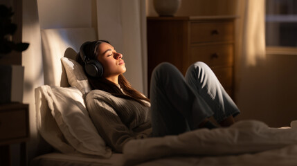 Fototapeta premium Relaxing moments of calm in a cozy bedroom setting during evening hours