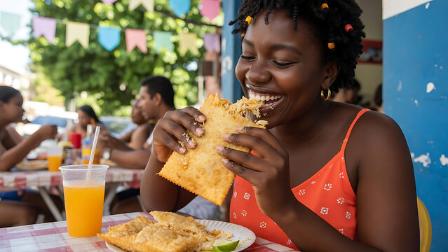 A cheerful young woman, glowing with pure delight, savors a deep-fried pastry at an outdoor gathering, perfectly capturing the essence of simple pleasures. 