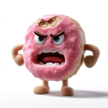 Angry donut character with bite mark on white background