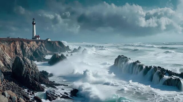 Pigeon point lighthouse standing tall against dramatic stormy coastal waves