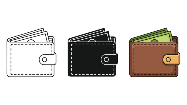 flat wallet icon set with cash and cards - Minimalist, flat icon, outline, glyph, linear, clipart, sticker - icon set