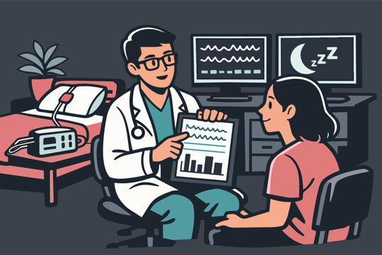Doctor explaining polysomnography results to a patient, discussing sleep quality and health during a clinic consultation
