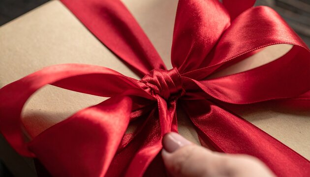 Close-up of a Gift Box with Red Ribbon Being Untied.