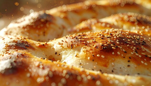 Close-up of a golden brown Turkish Ramadan pide bread with sesame seeds.