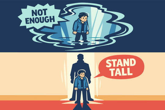 Person experiencing self-doubt with not enough speech bubble, contrasting with growing confidence and a strong shadow saying stand tall