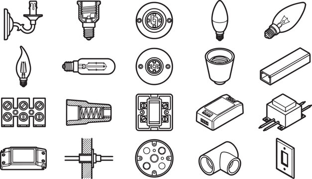 A variety of electrical lighting and wiring components illustrated in a structured grid, highlighting the essential elements for illuminating spaces.