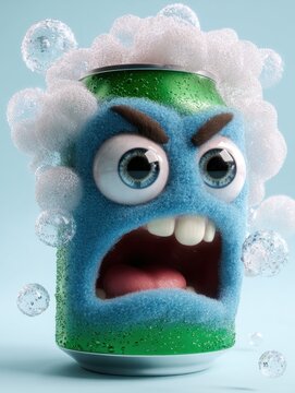 Fuzzy soda can yelling with foam and bubbles on studio