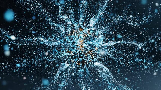 Dynamic abstract explosion of glowing blue and white particles scattering against a dark, cosmic background, creating an energetic digital art effect.