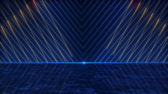 Golden Curve Corner Royal Awards Graphics Gold award podium. Empty 3d golden stage glowing light rays on glitter floor. Luxury product presentation, glamour design beauty industry, winner ceremony.