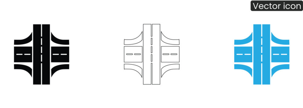 Three highway interchange icons in black, Line art, And blue on white background for road and transportation designs