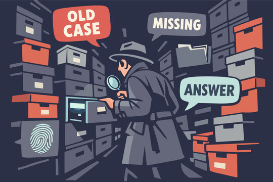 Detective investigating a cold case, searching through file cabinets and boxes for solutions and evidence in an archive or storage room