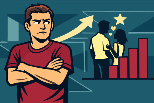 Man feeling jealous and comparing himself to a successful couple receiving rewards and achieving relationship goals