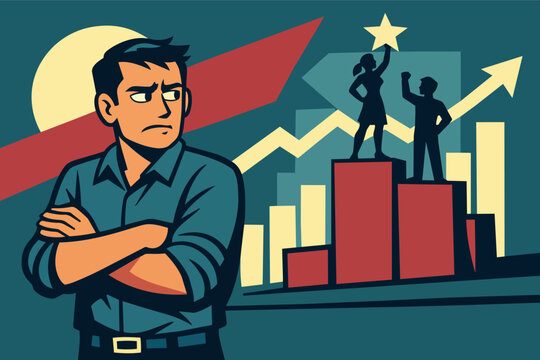 Man with arms crossed having feelings of envy while observing his peers' professional achievement and career advancement