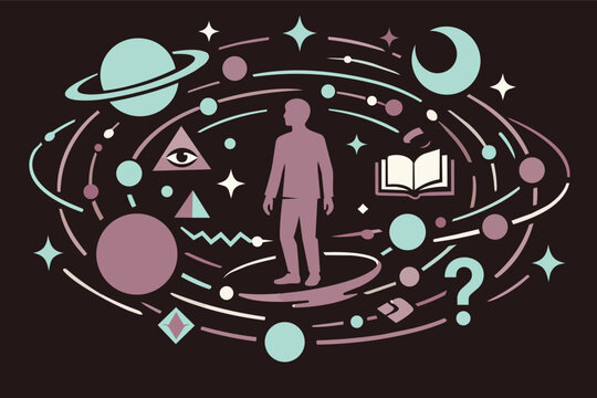 Human finding knowledge and questioning existence in a complex universe filled with planets, stars, and symbols
