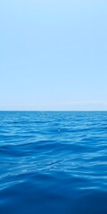 Fototapeta premium Vast and serene expanse of deep blue ocean water stretches calmly towards the horizon under a clear, pale blue sky on a bright sunny day.