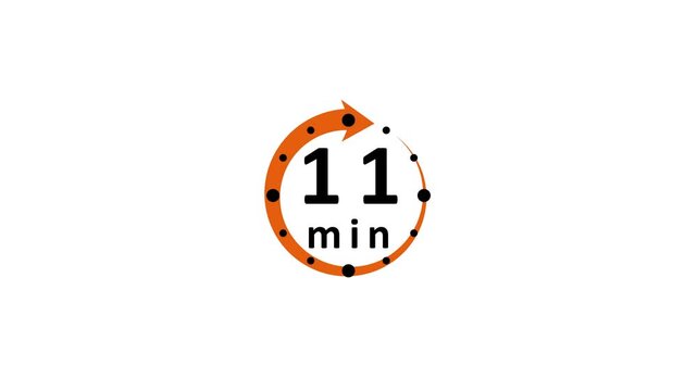 Countdown timer displaying eleven minutes with a circular orange arrow and black dots on a clean white background Keywords: timer, clock, time, minutes, eleven, 11, countdown, duration