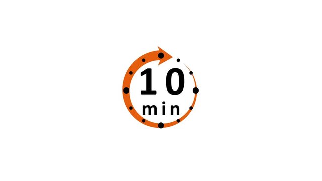 A circular timer showing ten minutes remaining with an orange arrow and black dots against a white background Keywords: timer, clock, time, minutes, ten, 10, countdown, duration, clock