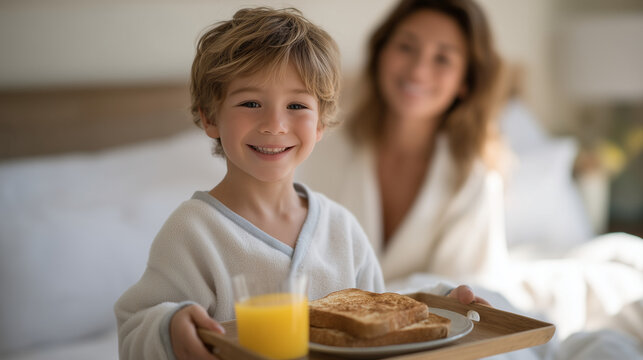 Young child in pajamas serves burnt toast and orange juice on tray to mother still in bed on Mother's Day morning, proud grin, soft morning light through curtains, breakfast in bed childhood effort 