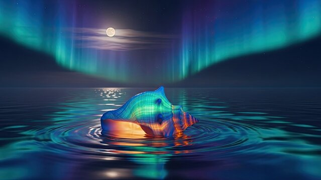 Abstract seashell floating on water under aurora borealis night sky