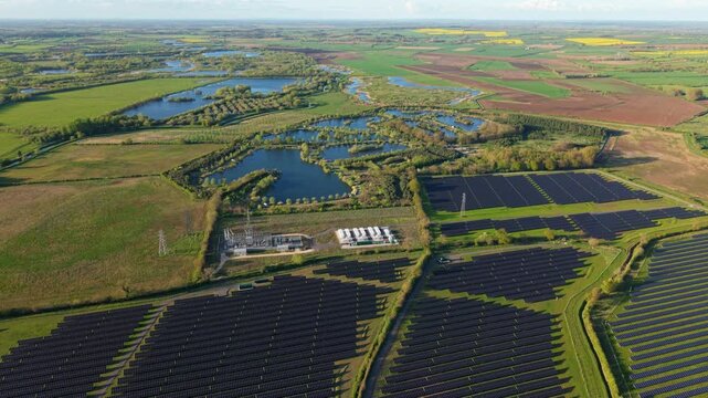 High angle vertical view of a utility scale lithium ion battery storage facility for renewable grid power