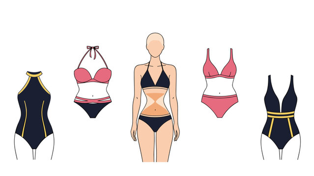 Fashion illustration showing different swimsuit styles and how they flatter various body types and hourglass figures.