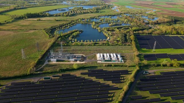 High angle vertical view of a utility scale lithium ion battery storage facility for renewable grid power