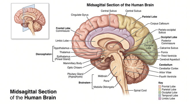 Exploring the intricate midsagittal section of the human brain in detail