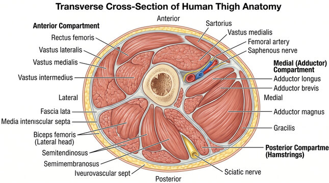 Detailed view of human thigh anatomy showing muscle composition and compartments